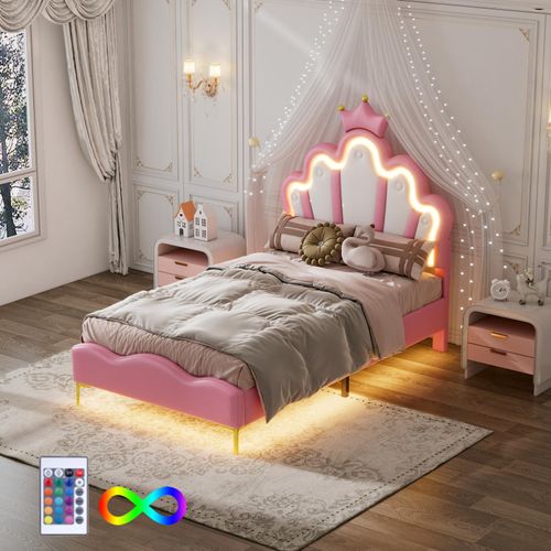Gepolstertes Bett 90 x 200 cm, kronenförmig, Kunstleder, LED-Bett mit Lattenrost, rosa