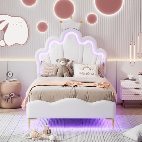 Gepolstertes Bett 90 x 200 cm, kronenförmig, Kunstleder, LED-Bett mit Lattenrost, weiß
