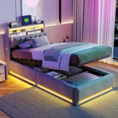 ProximaX Komfortables Samt-Gasdruckbett 90x200 cm mit LED-Beleuchtung, USB-Anschluss und Stauraum – perfekt für Schlafzimmer und kleine Wohnungen
