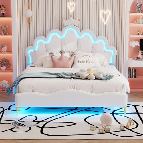 Gepolstertes Bett 140 x 200 cm, kronenförmig, Kunstleder, LED-Bett mit Lattenrost, weiß