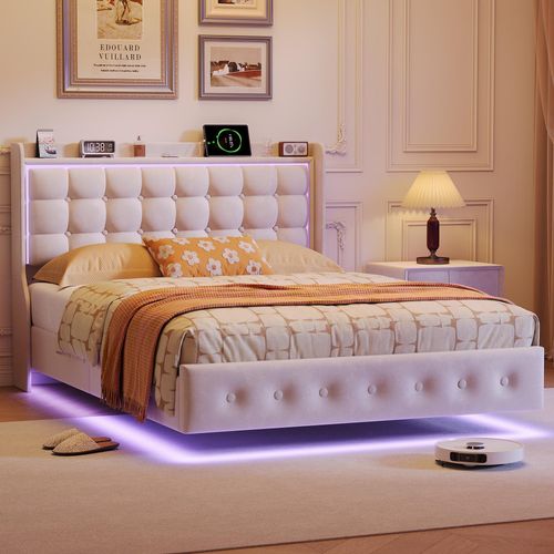 Bett 140x200cm Samt Weiß, LED RGB Beleuchtung, USB/Type-C Ladestation, Schwebebett