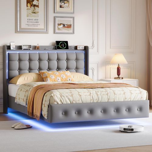 Bett 140x200cm Samt Grau, LED RGB Beleuchtung, USB/Type-C Ladestation, Schwebebett