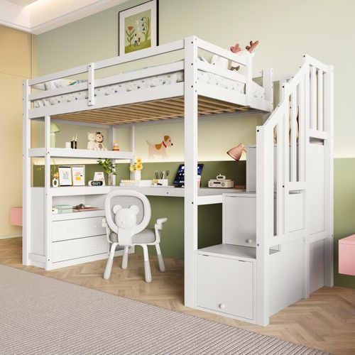 Hochbett, 90×200 cm, mit Bett, Tisch, Stauraumleiter & zwei Schubladen, Weiß