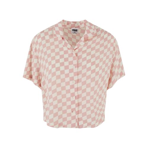 Kurzarmshirt URBAN CLASSICS "Urban Classics Damen Ladies Resort Shirt", Damen, Gr. 3XL, lemonadepinkcheck, 100% Viskose, geblümt, loose fit, amerikanischer Ausschnitt, Shirts