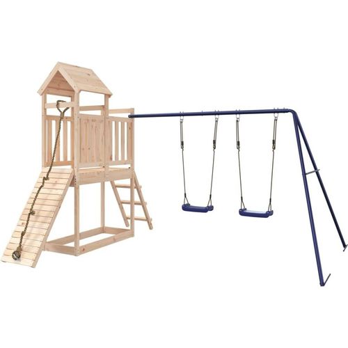 Spielturm aus Massivholz Kiefer für den Außenbereich mit Kletterwand, 2 Schaukeln, Leiter, Sandkasten und Holzdach, 313x248x214 cm