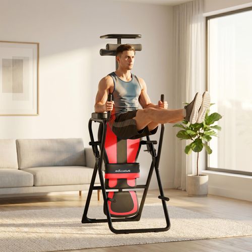 Inversionsbank 3-in-1 mit Liegestütz- & Klimmzugstange, Inversionstisch, Schwarz-Rot | 161 x 69 x 146 cm | 3 Inversionswinkel | Q195 Stahl