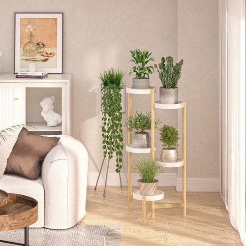 Bamboe-Plantenrek 5-laags, Modern, Weiss, für Pflanzen, Patio, Balkon, Serre