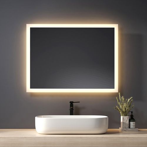 Heilmetz Badspiegel 60x80cm Spiegel mit Beleuchtung Warm Weißer Beleuchtung LED Lichtspiegel Wandspiegel IP44 Energiesparend