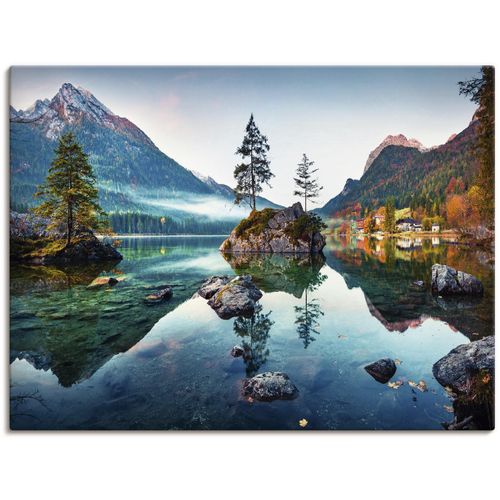 Wandbild ARTLAND "Herbstszene des Hintersee vor Alpen", blau (farbe bild(er): blau), B:120cm H:90cm, Bilder, als Alubild, Leinwandbild, Poster in verschied. Größen