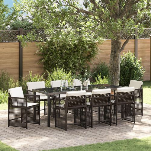 9-teiliges Garten Essbereich mit Kissen Braun Poly Rattan, Design Gartenstühle Neu