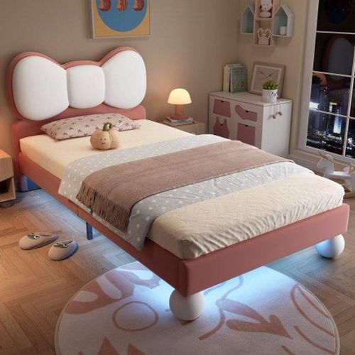 Kinderbett 90x200cm, einzelbetten, lattenrost, Bezug aus Fluwelematerial, farbveränderliche LED-Lichtleiste, beige und rosa