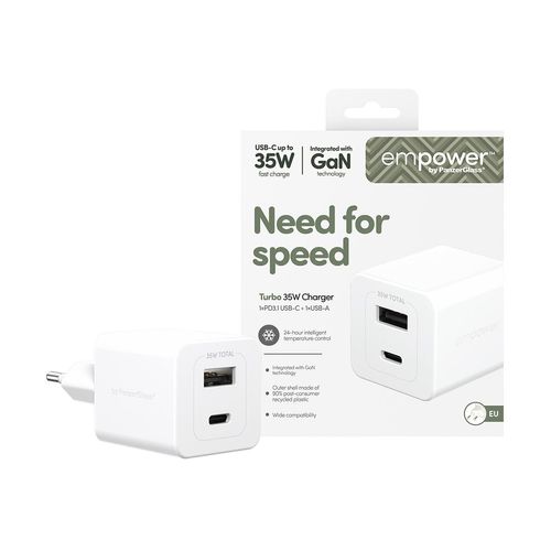 USB-Ladegerät "Turbo 35 W Charger 1x USB-C 1x USB-A EU-Plug", weiß, B:11cm H:4cm T:12,9cm, EMPOWER BY PANZERGLASS, Ladegeräte