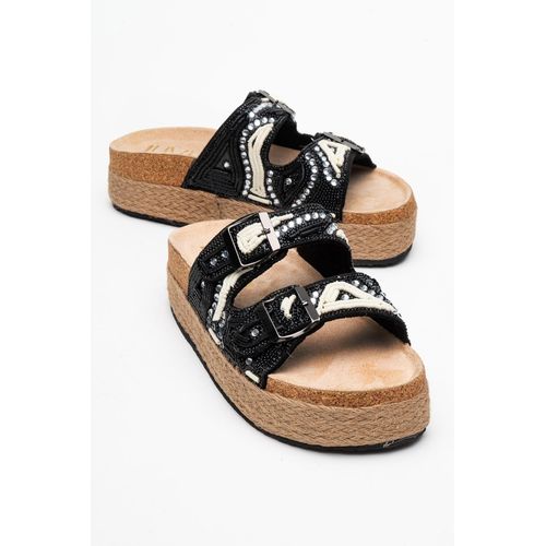 Bobby Beaded Straw Platform Slide Sandaal
