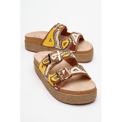 Bobby Beaded Straw Platform Slide Sandaal
