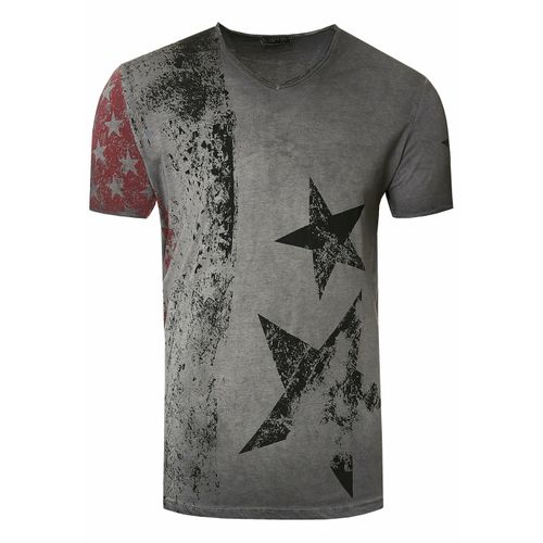 USA T-shirt met sterren en strepen en V-hals in gebruikte look