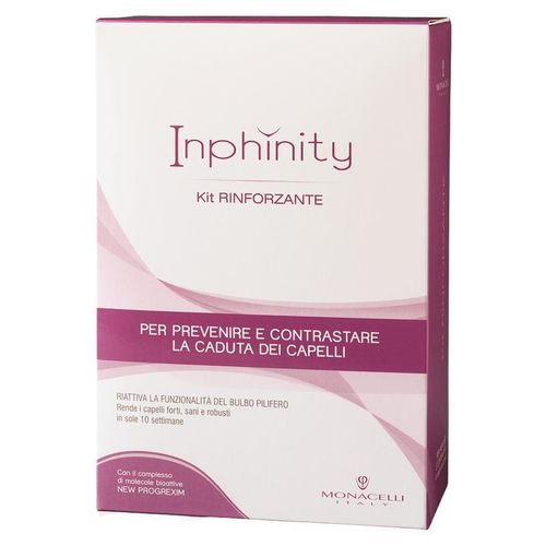 Monacelli Kit Inphinity Kräftigend – beugt Haarausfall vor und bekämpft ihn, enthält: Cleansing Cream 250 ml, Shampoo 200 ml, Calming 125 ml und 2 Essenzen