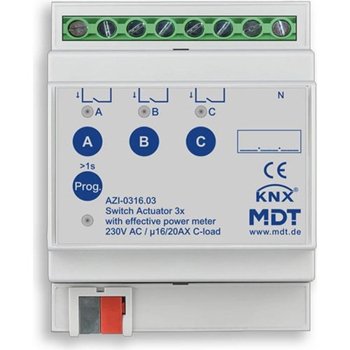 MDT Schaltaktor 3-fach, 4TE, REG, 16/20 A, 230V AC, mit Wirkleistungszähler, 1 Stk.