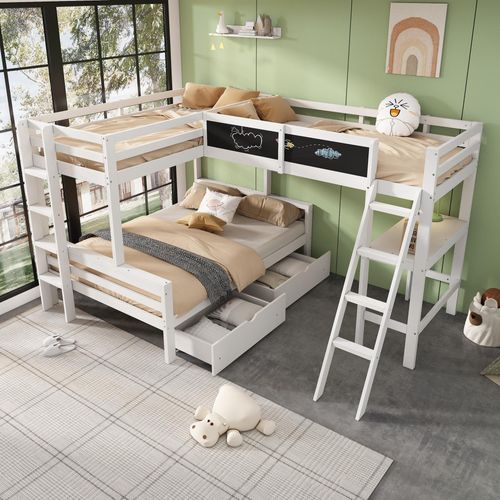 Sweiko Kinderhochbett ,Im Kinderbett können drei Kinder schlafen, Hat Aufbewahrungsschubladen,aus Kiefernholz, Etagenbett, Kinderbett mit Schreibtisch und Regal, 140x200cm,90x200cm,weiß