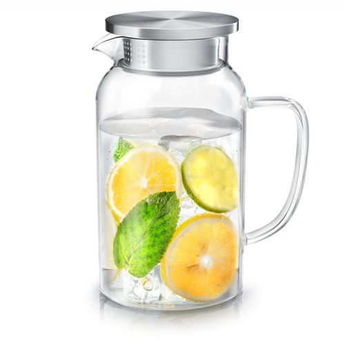Arendo Glaskaraffe 1450 ml, Edelstahl-Deckel, hitze- und kältebeständig, BPA frei