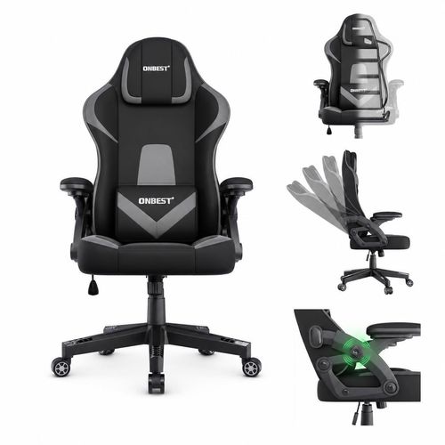 ONBEST Gaming Stuhl | Ergonomisch | mit Lordosenkissen | 150 kg | 360° | verstellbare Armlehnen Kopfstütze Rückenlehne