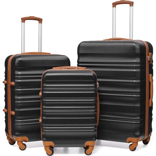 Hartschalen-Koffer Trolley Rollkoffer Reisekoffer mit TSA-Schloss und 4 Rollen (Schwarz/Braun, Koffer-Set