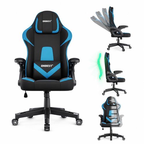 ONBEST Gaming Stuhl | Ergonomisch | mit Lordosenkissen | 150 kg | 360° | verstellbare Armlehnen Kopfstütze Rückenlehne