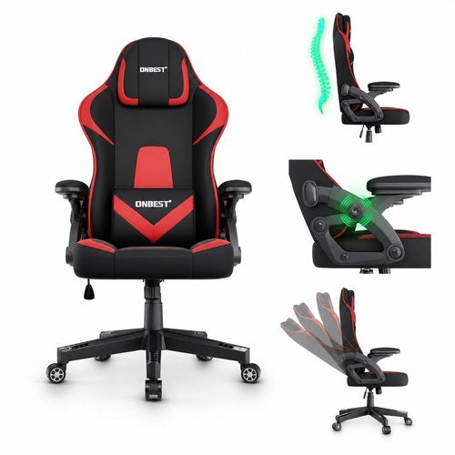 ONBEST Gaming Stuhl | Ergonomisch | mit Lordosenkissen | 150 kg | 360° | verstellbare Armlehnen Kopfstütze Rückenlehne