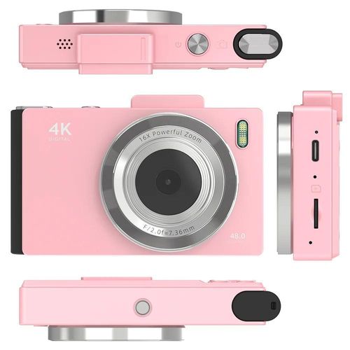 Retro Digitalkamera - Kinderkamera - 48 MP - 7,1 cm HD-Display - Autofokus - 16x Digitalzoom - Selfie-Kamera - 64GB Speicherkarte - Rosa
