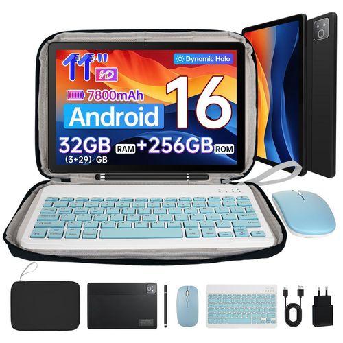 Tablet 11 Zoll, Android 16, 32(3+29)GB RAM, 256 GB, HD 1280x800, Gesichtserkennung, WiFi 6, mit tastatur, stift, maus und tasche