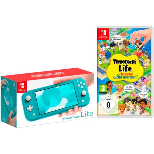 NINTENDO SWITCH Konsolen-Set "Lite + Tomodachi Life: Wo Träume wahr werden", blau (türkis), B:20,8cm H:9,11cm T:2,84cm, Spielekonsolen
