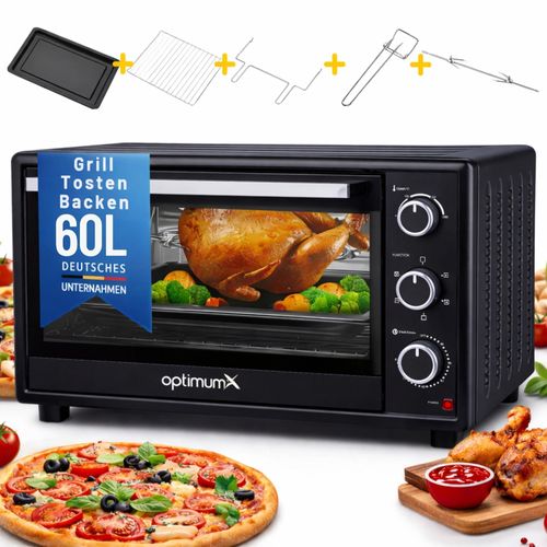 OptimumX Minibackofen 60 Liter XXL mit Umluft, 2200W, Drehspieß, Anthrazit