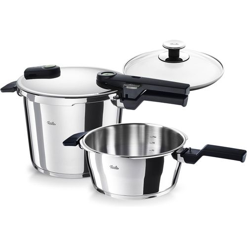 Schnellkochtopf FISSLER "VitaquickElemental Dampfkochtopf Premium Drucktopf", silber, B:29,5cm H:32cm L:39,5cm Ø:22cm, Töpfe, Schnellkochtopf, Schnellkochtopf-Set mit 2 Garstufen und Superthermic Boden