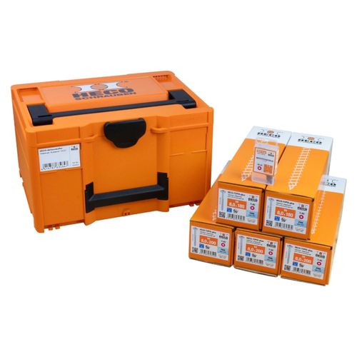 HECO Aktionskoffer "Tellerkopf", HT-plus Tellerkopfschrauben 8,0 x 180, Teilgewinde, blau verzinkt, HT-plus Tellerkopfschrauben 8,0 x 200, Teilgewinde, blau verzinkt, Langbits HD-40 70mm, in