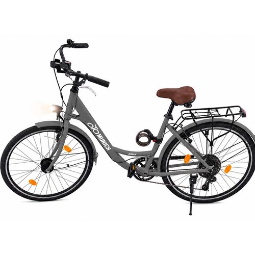 oToMUNICH Plus Boring Grey 28 Zoll Fahrrad, Shimano 7-Gang, City-Bike, Tiefeinsteiger mit Stahlrahmen, Nabendynamo 60 Lux LED Frontlicht, mit Tracker, Fahrradcomputer, Handyhalterung und Gepäckträger