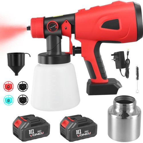 800 ml Farbsprühgerät - Kabellose Farbspritzpistole - Handgerät - 2x 2600 mAh Akku - Für Farbe und Gartenpestizide - Rot