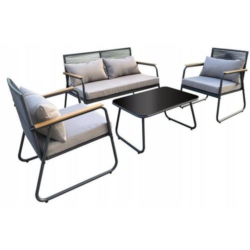 4-teiliges Gartenmöbel-Set Schwarz, Stahl/Kunstgeflecht, Sofa, 2 Sessel, Glastisch