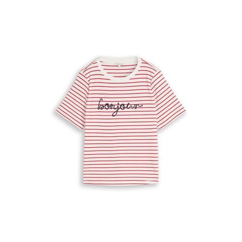 TOM TAILOR Damen T-Shirt mit Schriftzug, rot, Gestreift, Gr. M