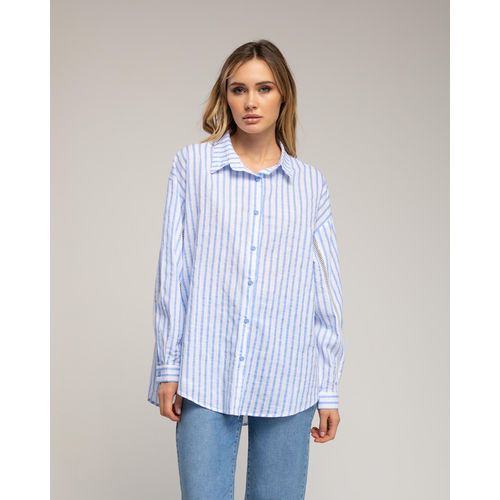 Losvallende gestreepte blouse met geschulpte rand aan de mouw