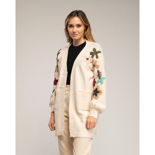 Lang gebreid vest met geborduurde bloemen op de mouwen en steekzakken aan de voorkant.