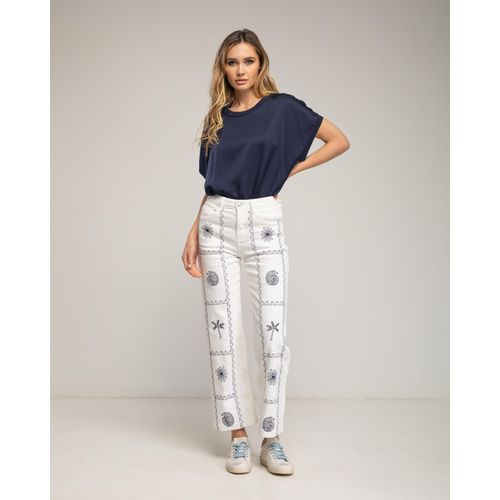 Straight fit jeans met geometrische patronen, schelpen en palmbomen.