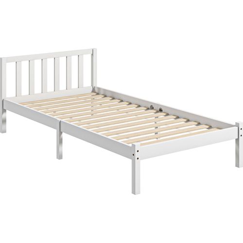 Bettgestell 90x200 Kiefer – mit Kopfteil, Lattenrost, 26 cm Bodenfreiheit, Weiß