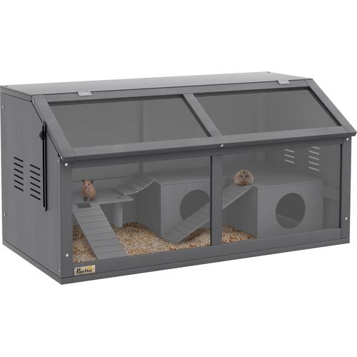 Hamsterk?fig. Kleintierk?fig aus Holz. H?ngebr¹cke. Leitern. H¹tte. 84 x 45 x 44 cm. f¹r Zwerghamster. Grau