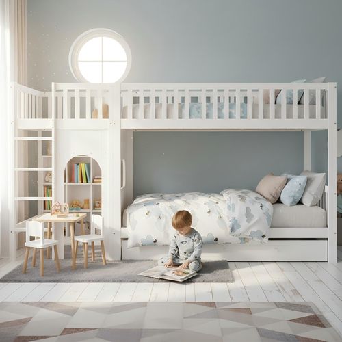 Etagenbett Kinderbett, Vierstufige gerade Leiter, Vierseitige Geländer, Kleiner Bereich für individuelle Gestaltung, Kiefer + MDF + Sperrholz, Weiß