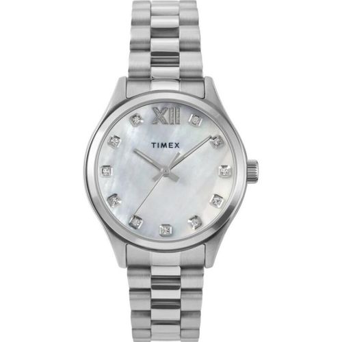 Timex Legacy Damenuhr TW2W85300, 34 mm Gehäuse, Silber, Perlmuttzifferblatt mit Kristallindizes