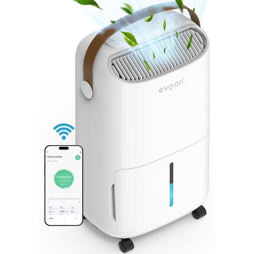 Luftentfeuchter Evoair, NovaDry 12 Smart, 12 l/24 h, Feuchtigkeitssensor, Ionisierungsfunktion, Wäschetrocknung, Behälter 2,5 l, UVC-Lampe, Weiß, brauner Riemen