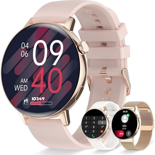 Damen-Smartwatch mit Telefonfunktion, Nachrichtenbenachrichtigungen, 1,32 Zoll Voll-Touchscreen, Schrittzähler, Herzfrequenzmesser, Schlaf, SpO2
