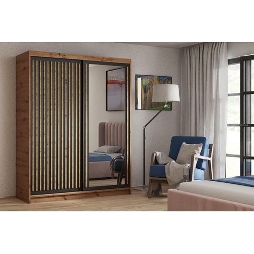 Kleiderschrank mit Lamellen und Spiegel 180 cm WARDERO - Eiche handwerklich / schwarz / Eiche handwerklich