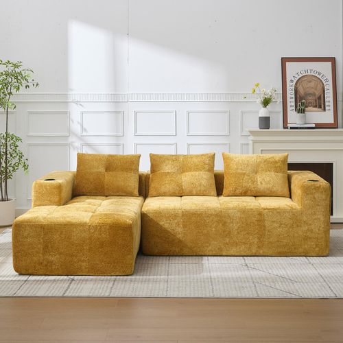 Komplett komprimiertes L-förmiges Sofa 258 cm breit drei Kissen klassisch minimalistisch Gelb
