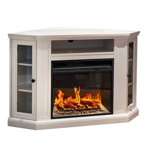 Elektrischer Kamin Eck-Bodenkamin MADISON aus weißem Holz L126 x T78 x H83