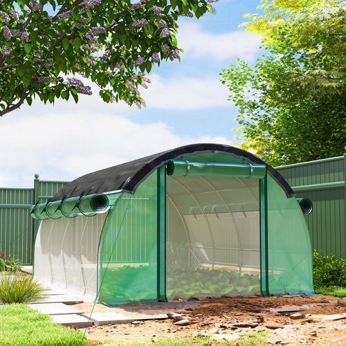 Polytunnel-Gewächshaus mit Sonnenschutznetz, Tunnelgewächshaus Folie, Tomatenhaus, Grün | 400 x 300 x 198 cm | 140 g/m² UV-Folie | Stahl